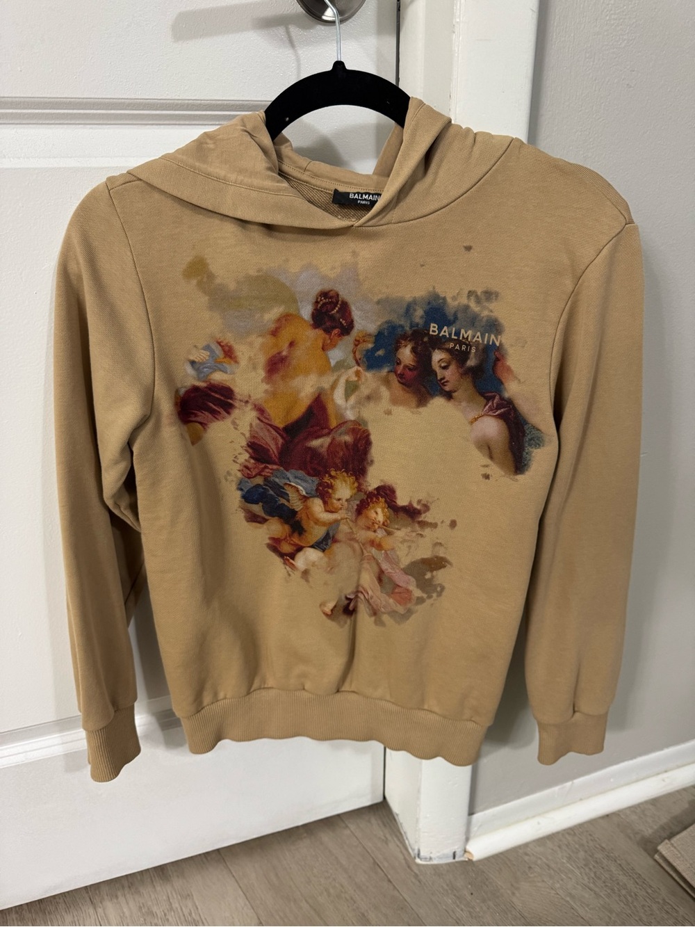 Balmain Tan Angel Graphic Cowl Hoodie Sweater